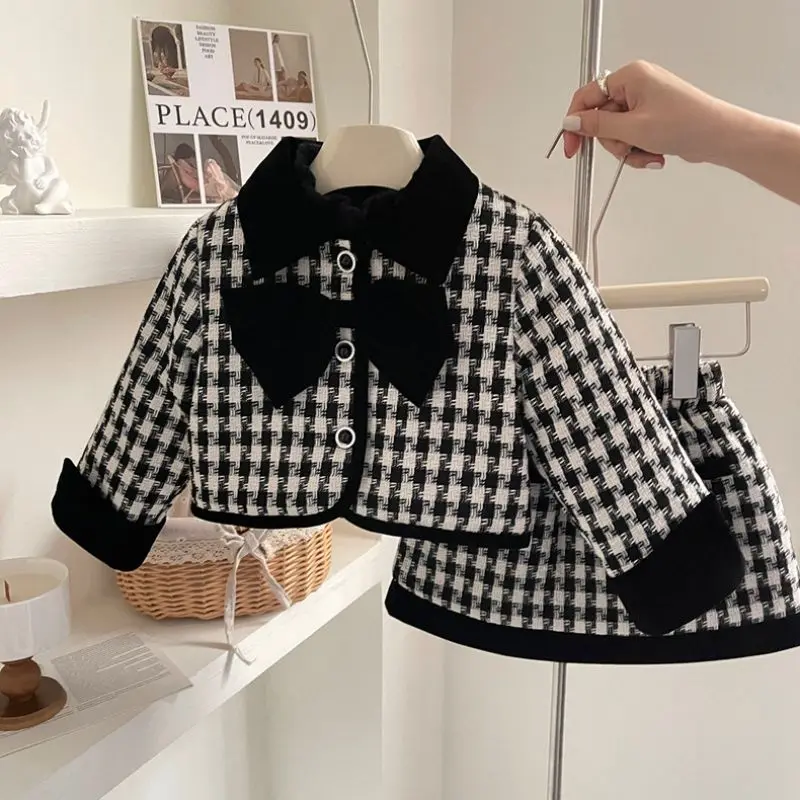 

Baby Girl Elegant Princess Clothes Set Child Bow Lapel Plaid Jacket+Skirt 2PCS Winter Cotton Warm Suit Outfits Baby Clothes1-10Y