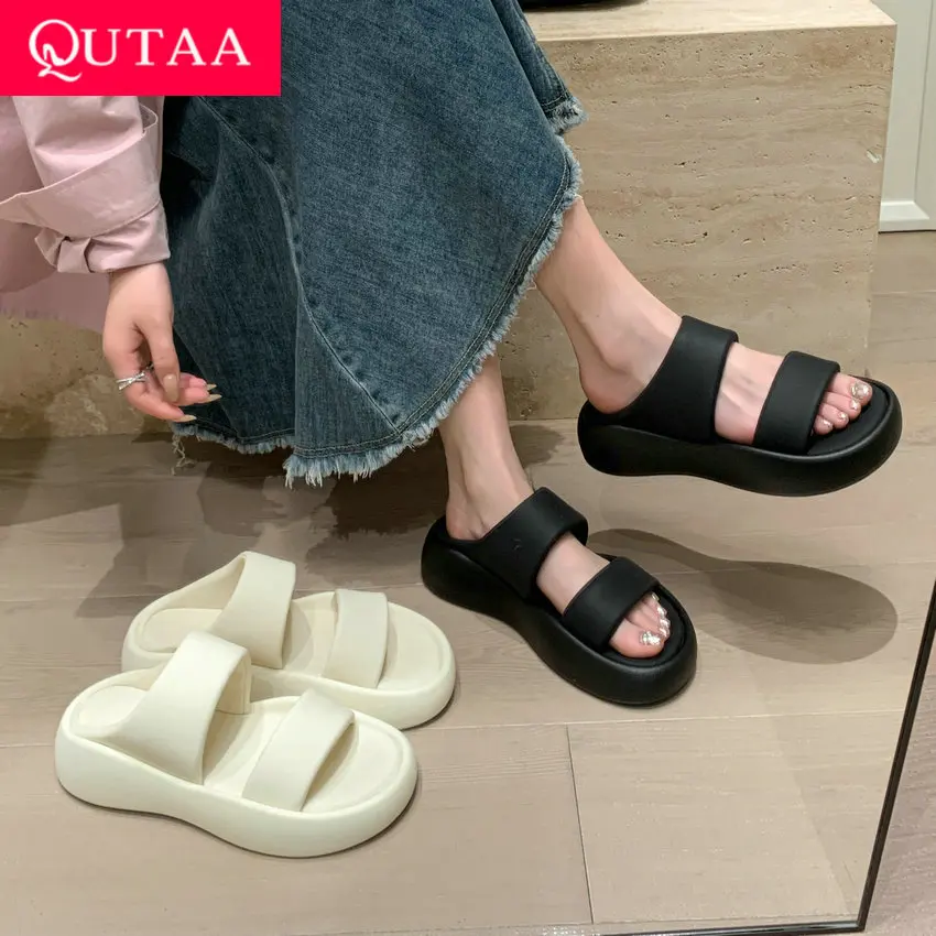 

QUTAA 2024 Fashion Round Toe Women Sandals Thick Med Heels Summer Slippers Shoes Woman Casual Office Working Pumps Size 35-40