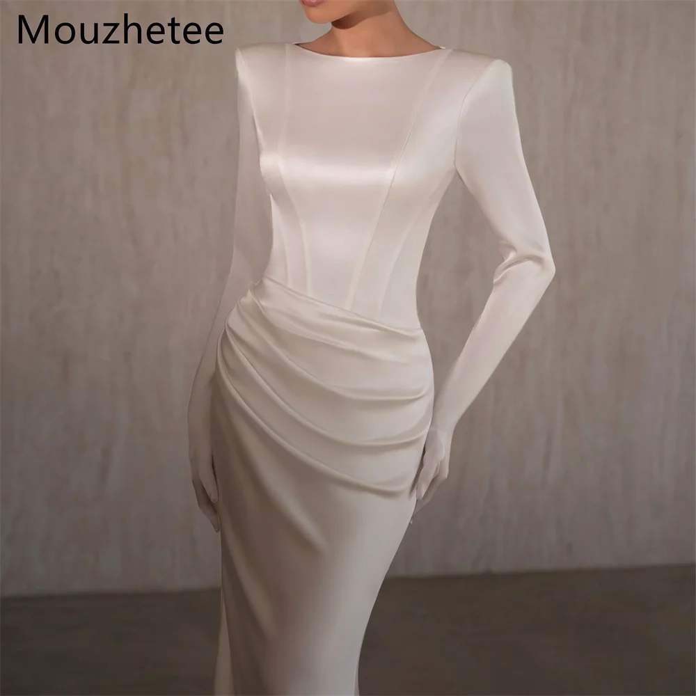 

Mouzhetee Mermaid Elegant O-Neck Pleat Satin Wedding Dresses Simple Long Sleeve Brides Gown Custom Made 2026