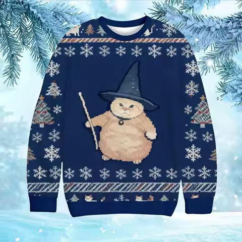 Wizard Cat Funny Halloween Christmas Ugly Sweater, Silly Cat Holiday Sweatshirt, Humorous Xmas Jumper Gift 2026