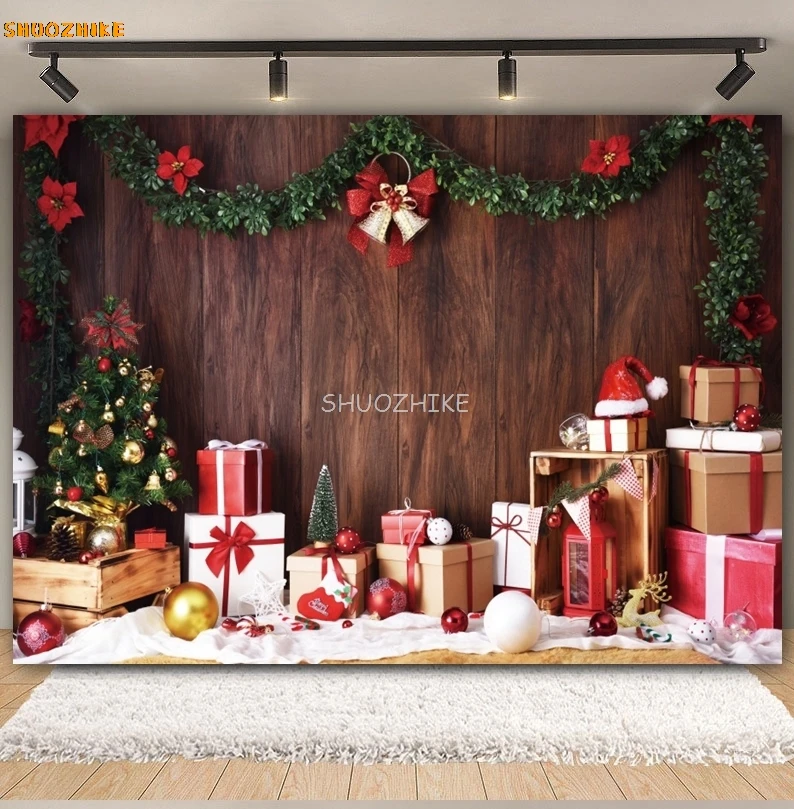 Christmas Wood Backdrop Rustic Wooden Board Wall Gift Xmas Tree Snowflake Bells Winter Family Party Photography Background Decor