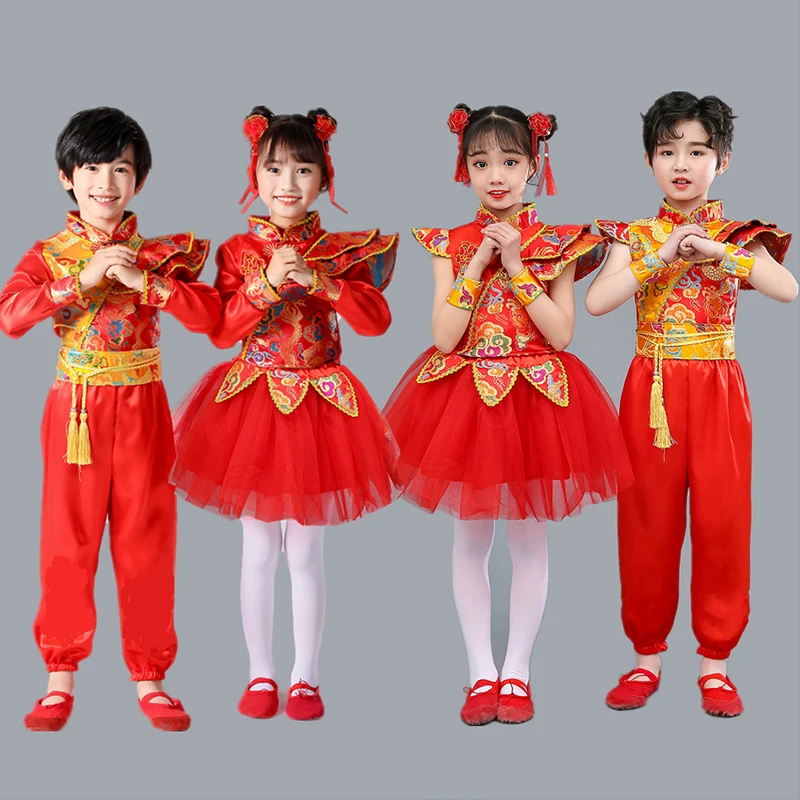 

Chinese Traditional Style Boy Girl Chinese New Year Clothes Kids Red Folk Dance Costumes Stage Party Festival Hanfu Wear