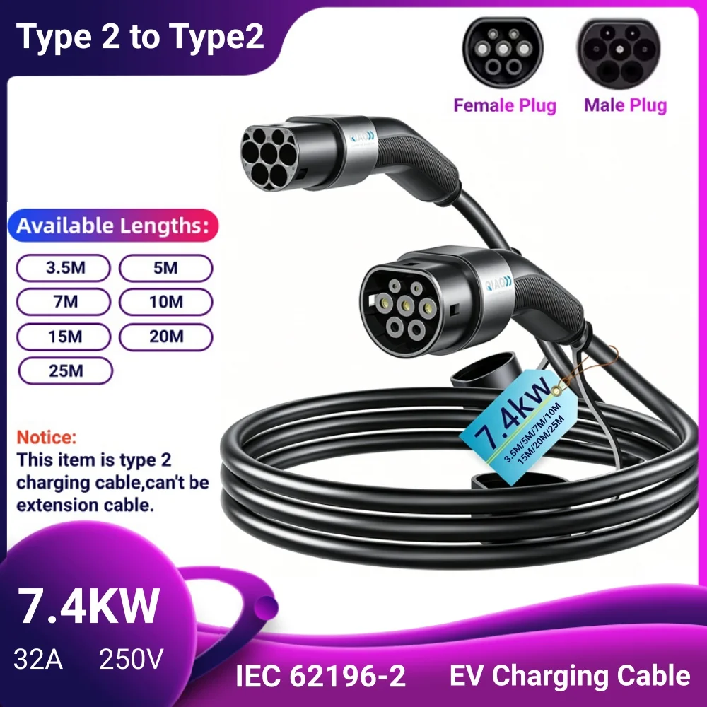 

EV Charging Cable Type2 To Type2 IEC62196 Charger Cable 7.4KW 32A 1Phase EV Charger Female Plug To Male Plug Fast Charging Cable