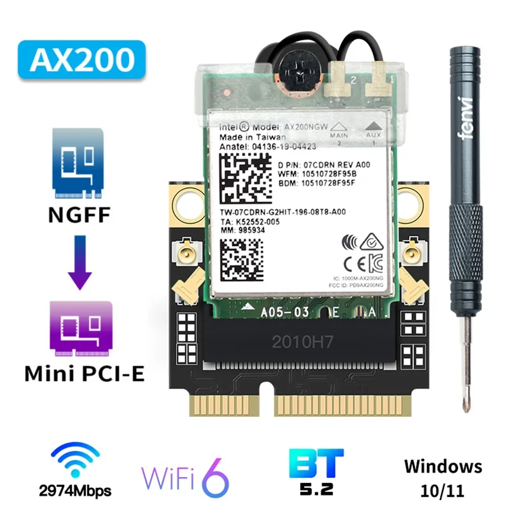 Wireless Wifi Card 2974Mbps Mini PCI-E AX210 AX200 Wi-Fi 6 Adapter Bluetooth 5.2 AX200NGW 802.11ax 2.4G/5G For Win10/11