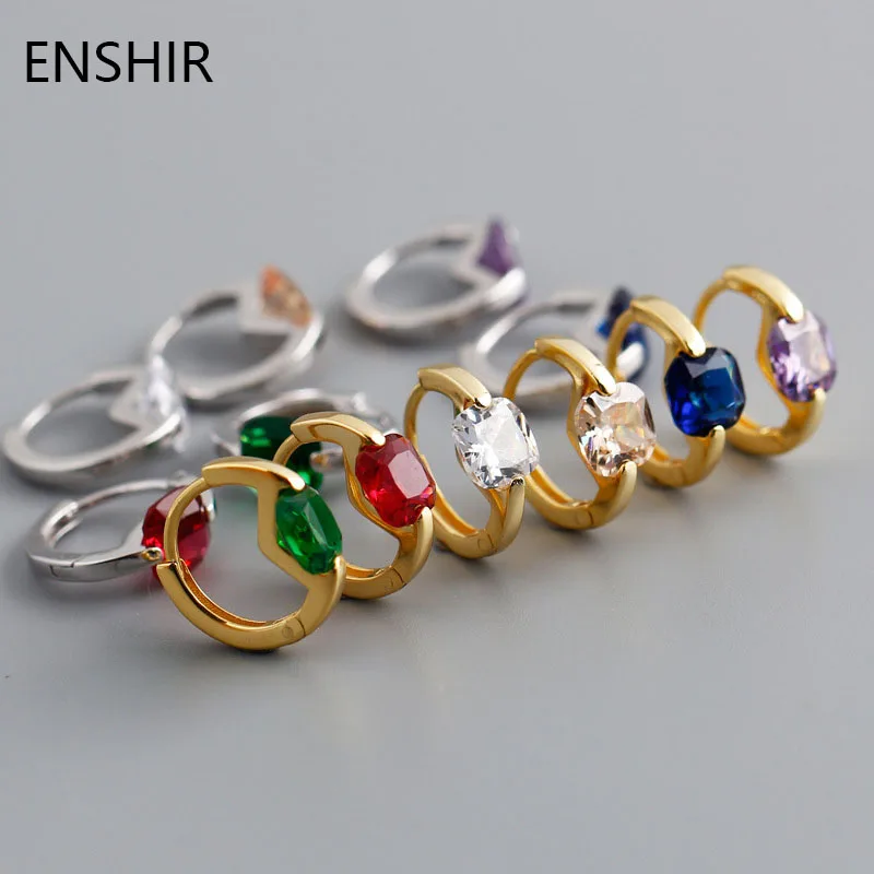 ENSHIR New Small Colored Zircon Square Luxury Woman Hoop Earrings Piercing Wedding Party Jewelry