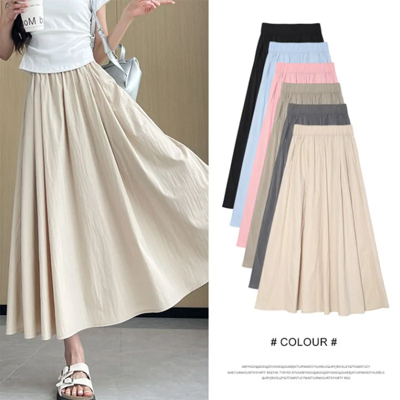 

2025 Summer New Women Long Skirts Korean Elastic High Waist with Pockets Maxi Skirts Ladies Solid Casual All-Match A-Line Skirt