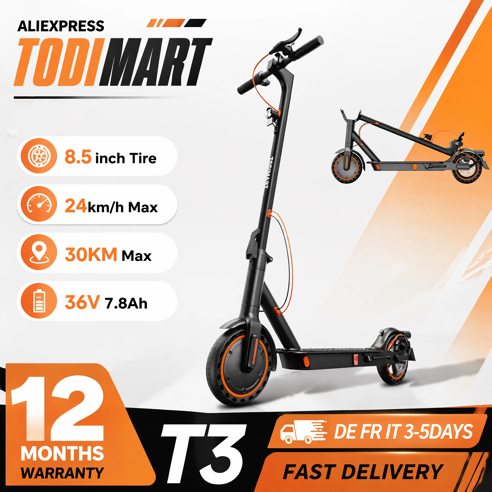 TODIMART T3 Foldable Electric Scooter Adult 30km 250W 8.5" Ultra Light Electric Scooters 36V 7.8Ah Battery E Scooters
