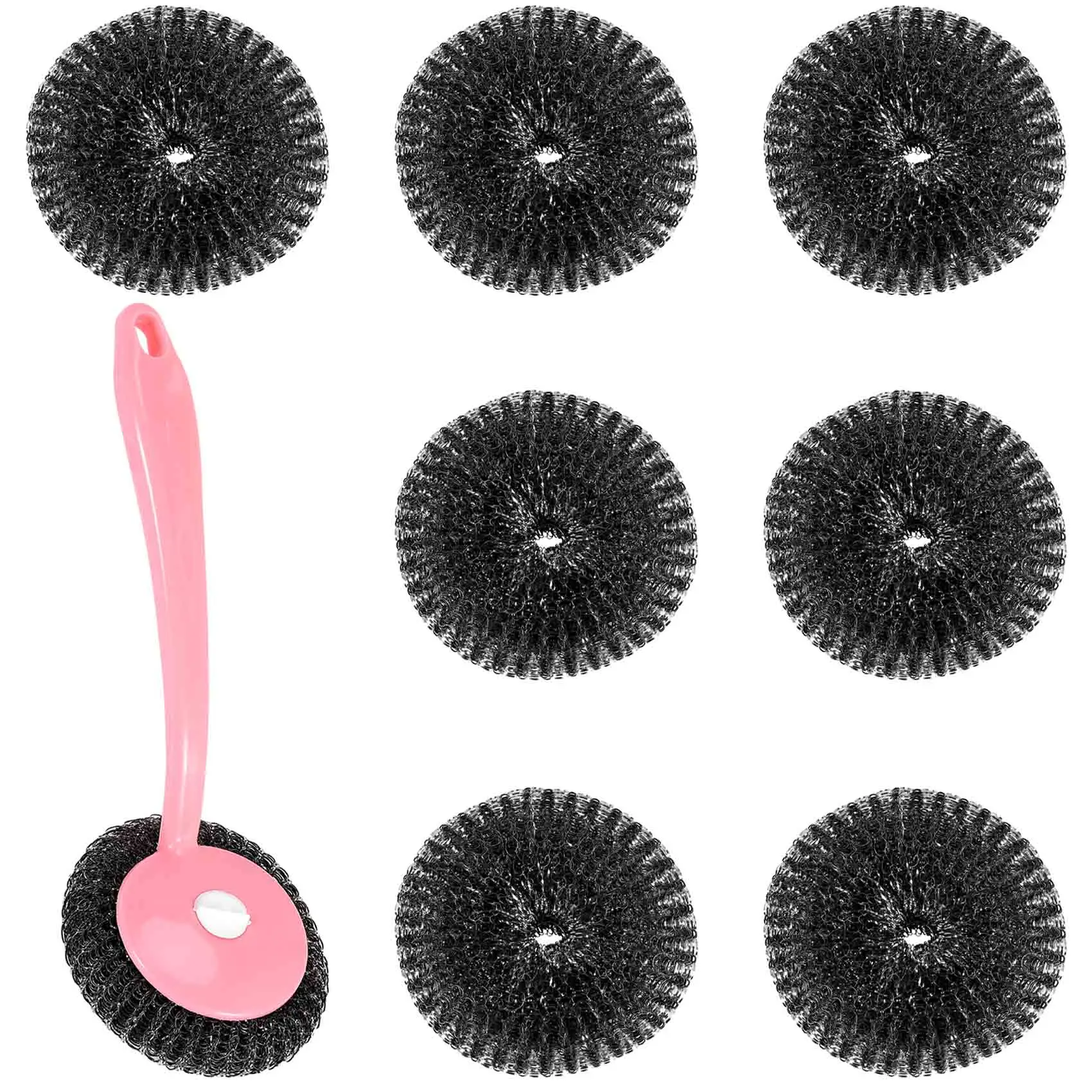 Stainless Steel Sponges Scourer Set with Handle Pack of 8,for Cookware,Pot Brush,Stovetops,Removing Tough Dirt (Pink)