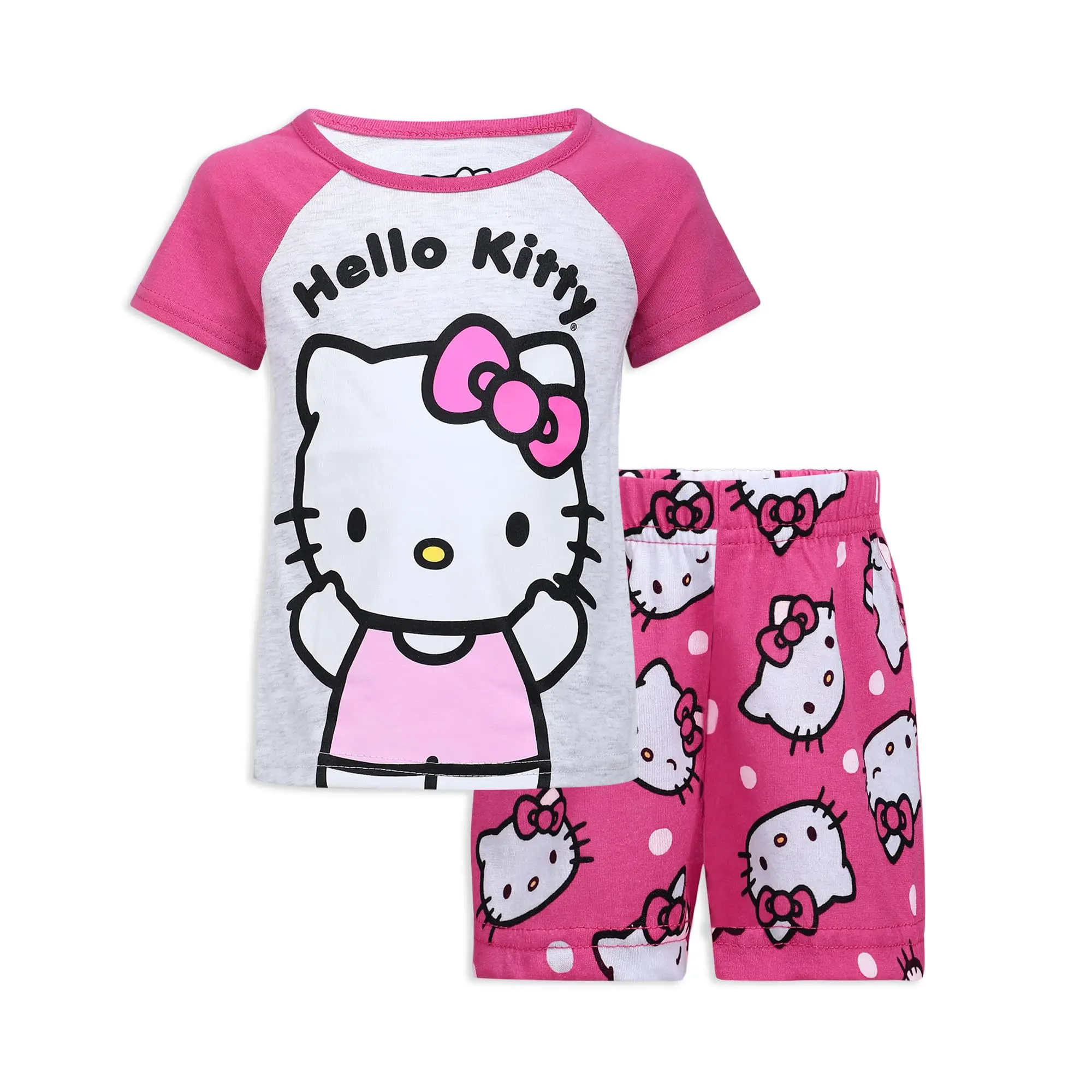 Summer new Sanrio Hello Kitty girl short-sleeved T-shirt Shorts set pink KID/adult crew neck cute 3D printed cartoon pattern set