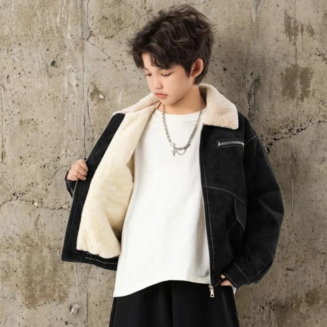 Boys Children's Thickened Fleece Leather Jacket Baby Teenager Winter Coat Warm Stylish Korean Style Kids' Outerwear 5