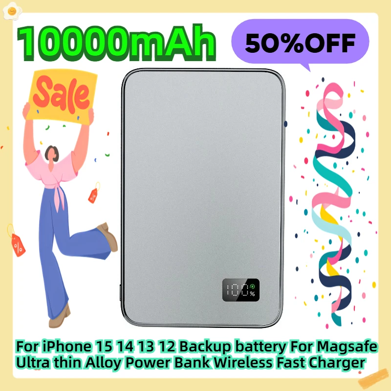 

10000mAh For iPhone 15 14 13 12 Backup battery For Magsafe Ultra thin Alloy Power Bank Wireless Fast Charger