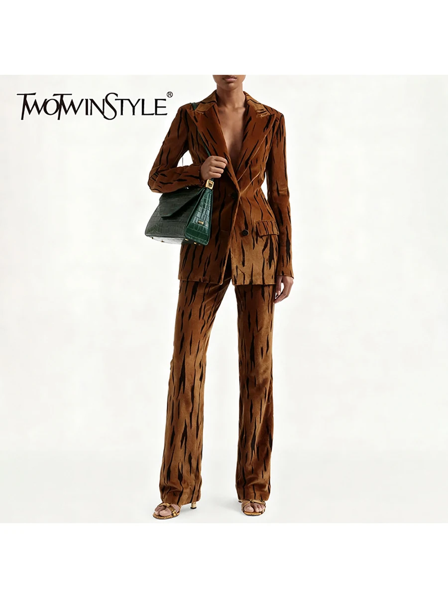

TWOTWINSTYLE Spliced Striped Vintage Two Piece Sets for Women Lapel Long Sleeves Tunic Blazer High Waist Pant Fashion Set Female