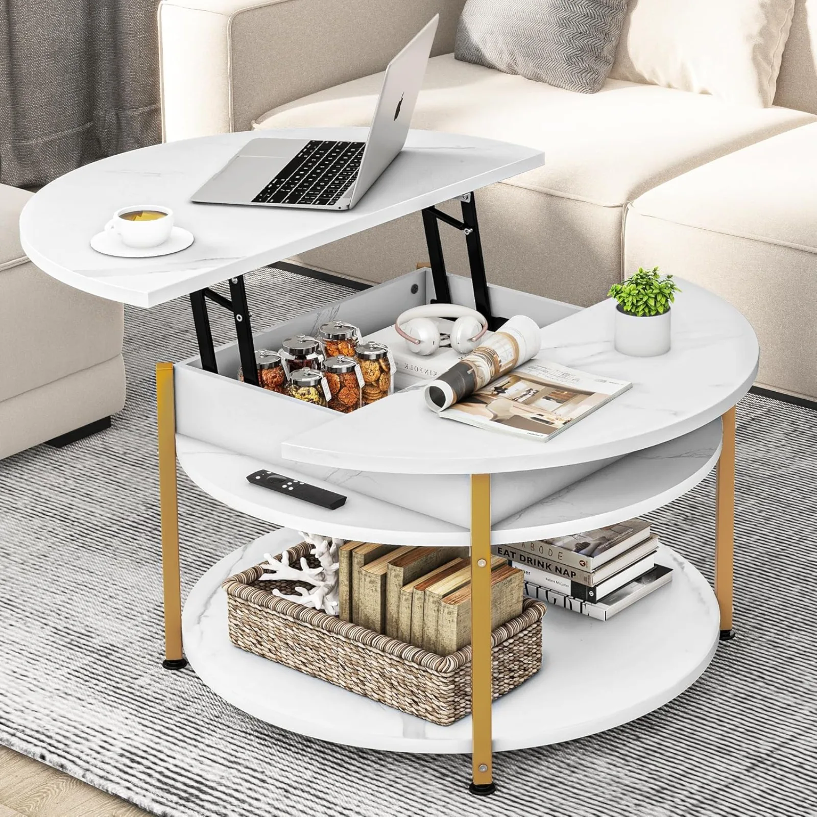 

US Round Coffee Table with Storage, Lift Top Coffee Table with Hidden Compartment, Modern Coffee Table for Home Office Living