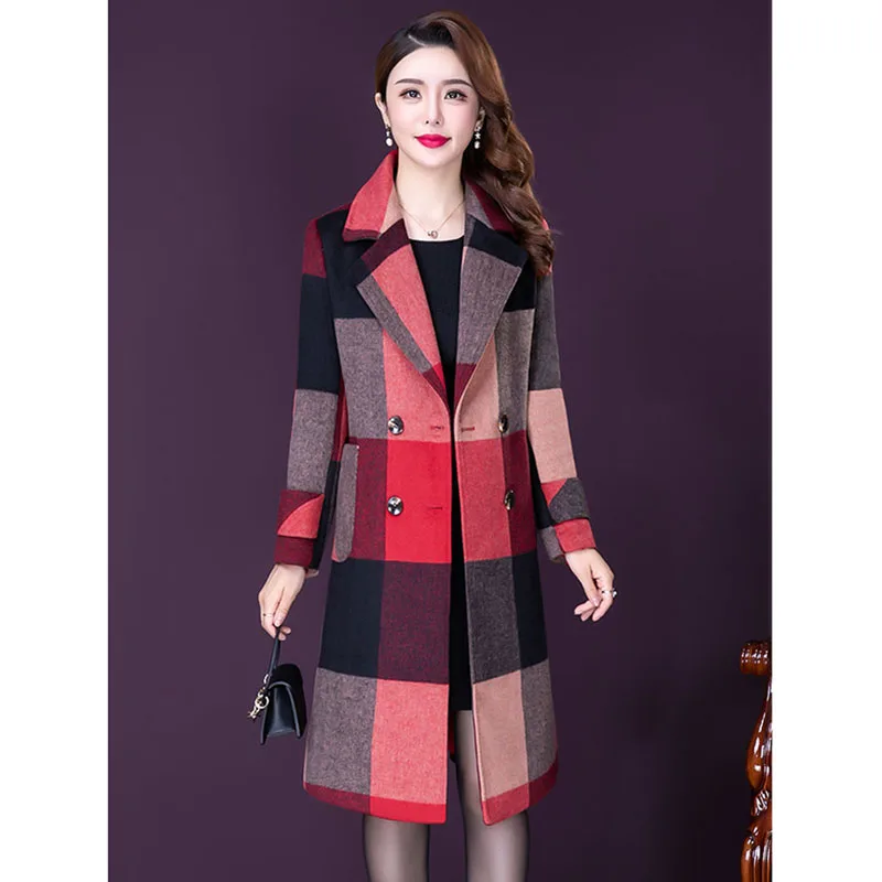 High Quality Women Woolen Coat Autumn Winter 2024 New Retro Plaid Elegant Mid-Length Slim Wool Outerwear Female Overcoat 5XL