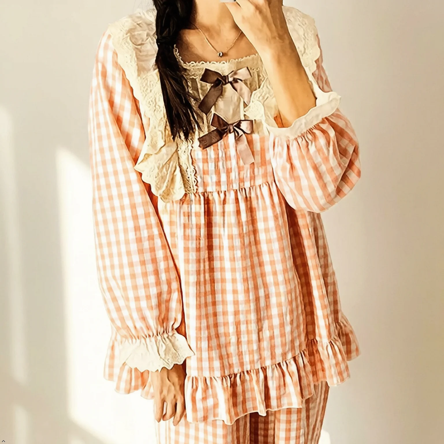 

Women's 2 Piece Pajama Set, Spring Soft Lightweight Breathable Loungewear, Sweet Bow Plaid Top & Long Pants