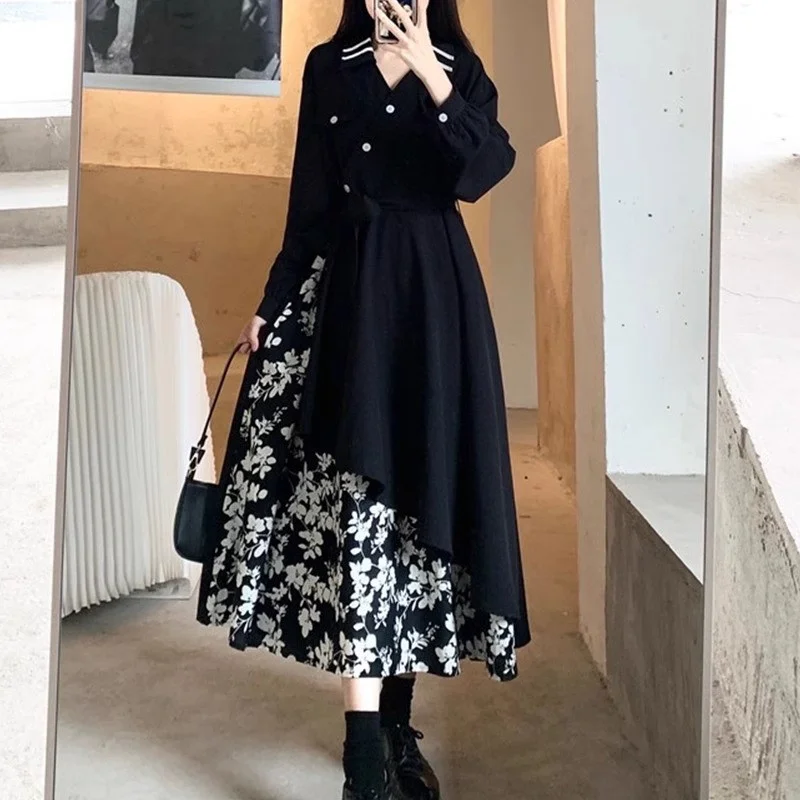 Mode couture robe florale femmes printemps automne robes hauts 2025 nouveau noir Chic Design chemise longues robes femme