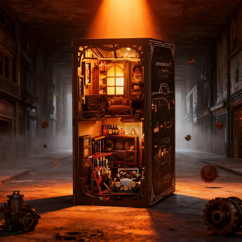 Vintage Garage Book Nook Kit with LED Light Wooden DIY Assembly Retro Industrial Style Gift for Car Enthusiasts Home Decor