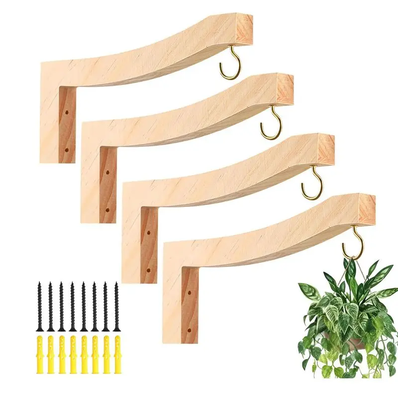 AT19-4 Pcs Hanging Plant Hanger T Shaped Plant Hooks 7.55 Inch Wooden Wall Mounted Plant Bracket Wall Plant Holder Indoor
