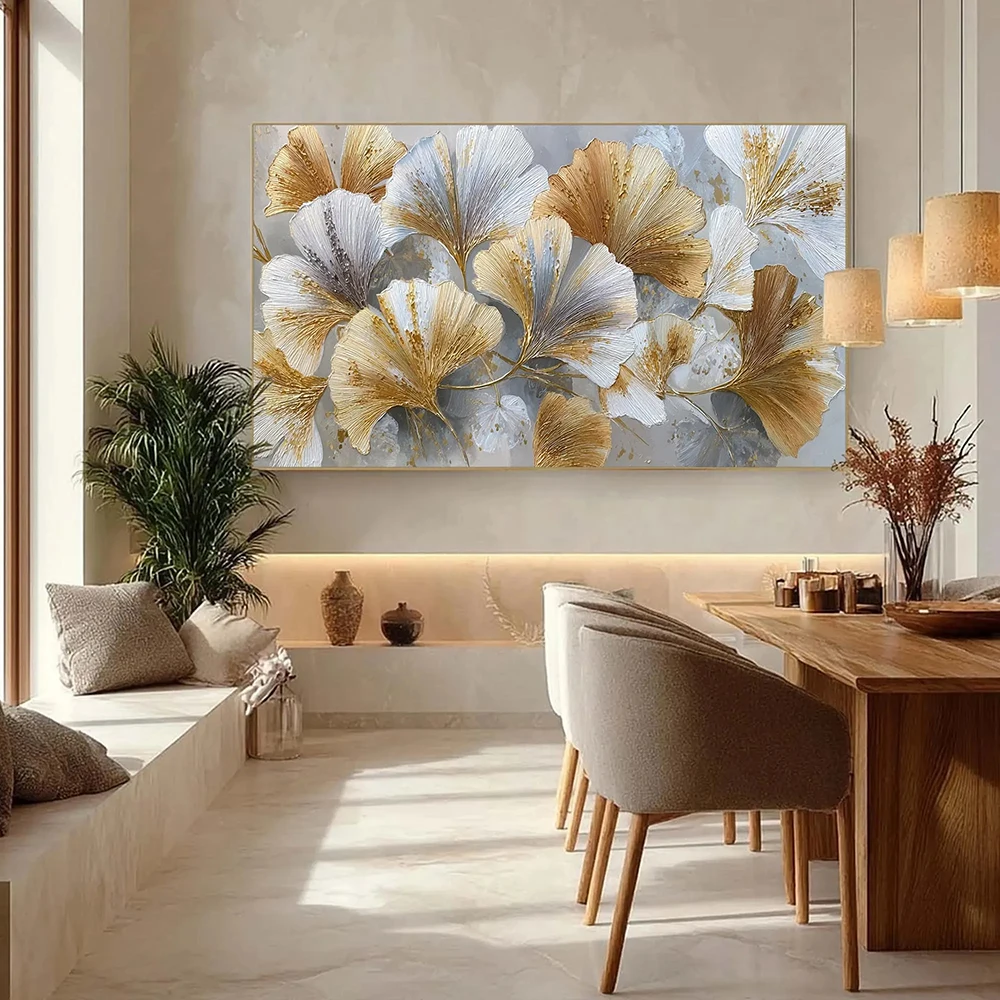 Gold Ginkgo Leaf Painting, Textured Wall Art, Silver Botanical Artwork, Abstract Floral Painting, Luxury Living Room Decor, No F