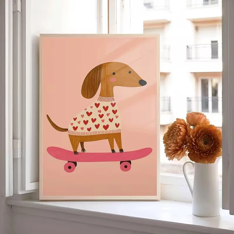 Moderner rosafarbener Hund auf einem Skateboard, Wandkunstdruck, Leinwandgemälde, Poster, Bild für Wohnzimmer, Schlafzimmer, Heimdekoration