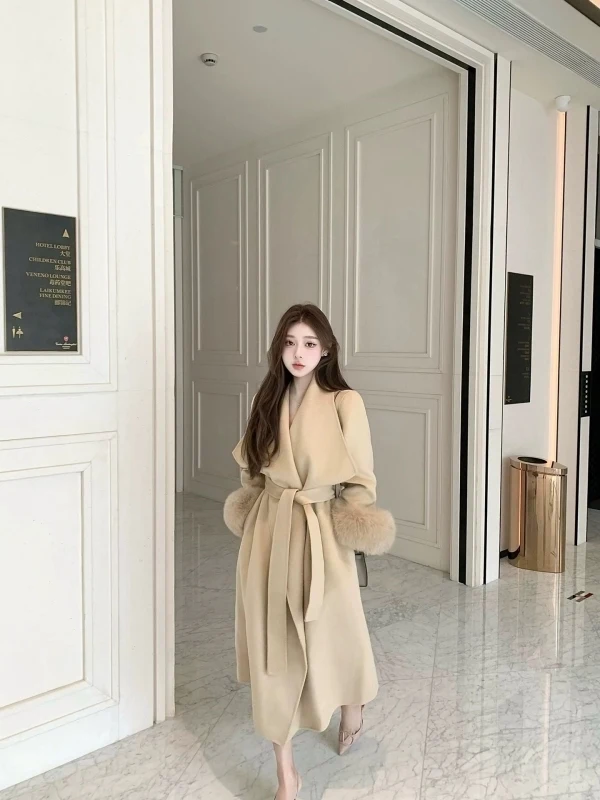 

Autumn Winter Ele Khaki Long Coat Women's Retro Sle Belted Waistcoat Fur Collar Coat New Sle Commute Loose Fit Long S...