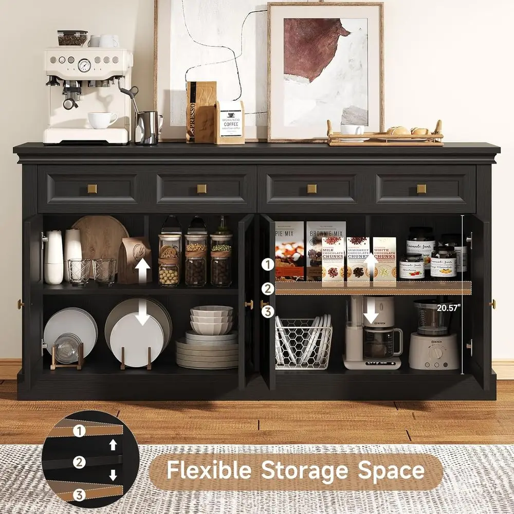 خزانة جانبية كبيرة للتخزين باللون الأسود مع أدراج، وخزانة قهوة للمطبخ لغرفة المعيشة والمدخل
