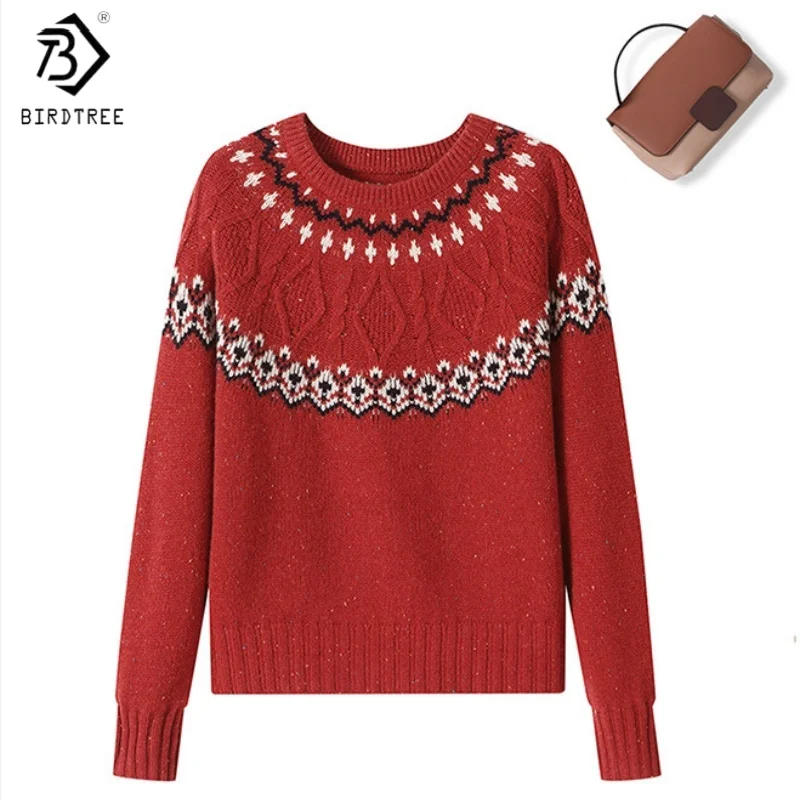 

Birdtree, вязаный свитер из 100% овечьей шерсти, женские жаккардовые теплые топы в стиле ретро, с круглым вырезом и длинными рукавами, осенне-зимний пуловер 2025 T5N305JF