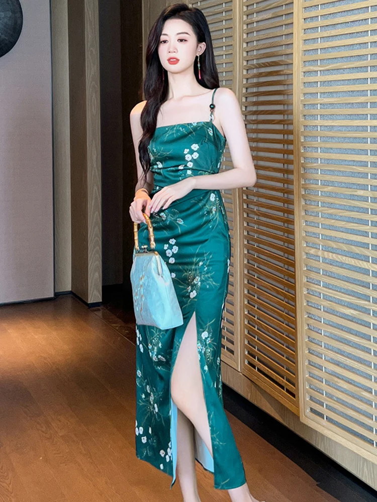 2023 Elegant Retro Long Dress Women Vintage Green Printing Sexy Strap Slip High Waist Folds Split Robe Party Prom Vestidos Mujer