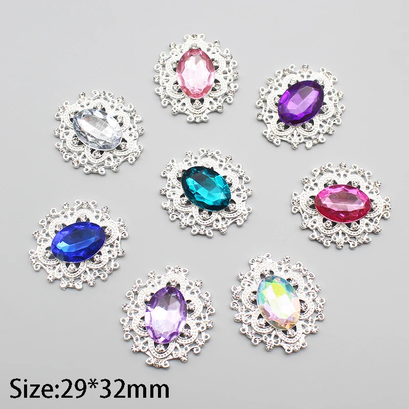 5Pcs 32*29MM DIY Oval Alloy Acrylic Rhinestone Flat Bottom Button Wedding Clothing Accessories Decorative Materials