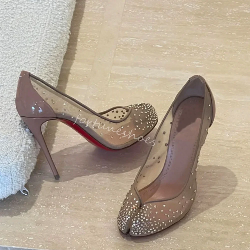

Mesh Shining Crystal Split-Toe Ballet Dance Shoes Women 2025 Summer Shallow Stiletto Heel Sexy Pumps New Fashion Catwalk Pumps