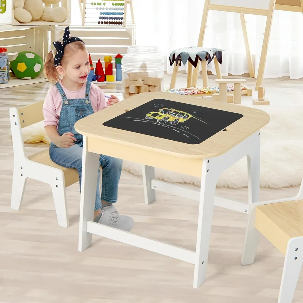 Kids Table and Chair Set, 3-in-1 Children Wooden Activity Table and 2 Chairs for Art Craft, Reversible Blackboard, 3 PCS Toddler