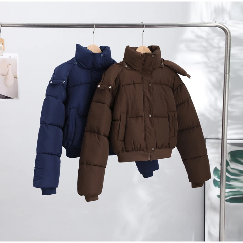 Women's Cropped Puffy Jacket Detachable Hood Drawstring Waist Drop Shoulder Long Sleeve Loose Padded Winter Down Jackets