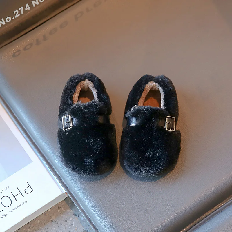 Winter Children Flat Shoes Fluffy Buckle Round Toe Kids Snow Boots Leisure Kids Loafers Warm Hook-loop Colors Boys Girls Shoe