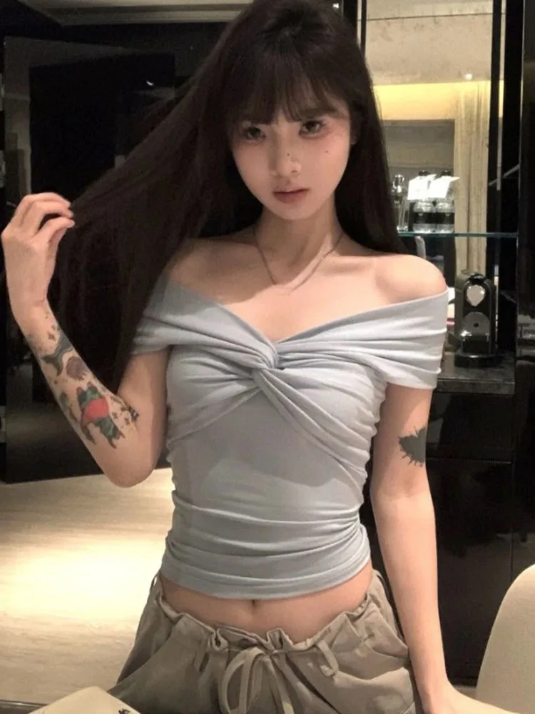 Y2k Aesthetic Cross Pleated Sexy T-shirt Slash Neck Vintage Slim Fit Off Shlouder Cropped Tops Women ​fairy Solid Grunge Tshirts