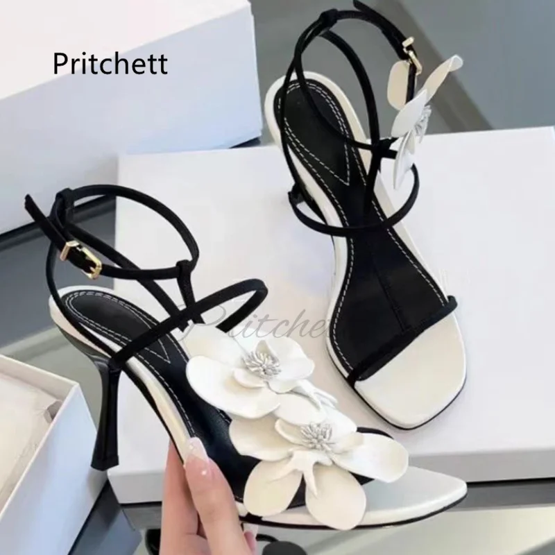 

White Flowers Stiletto Women's Sandals with Heels 2024 Summer Fairy Wind Square Head Open-Toed High Heels Women Party Shoes