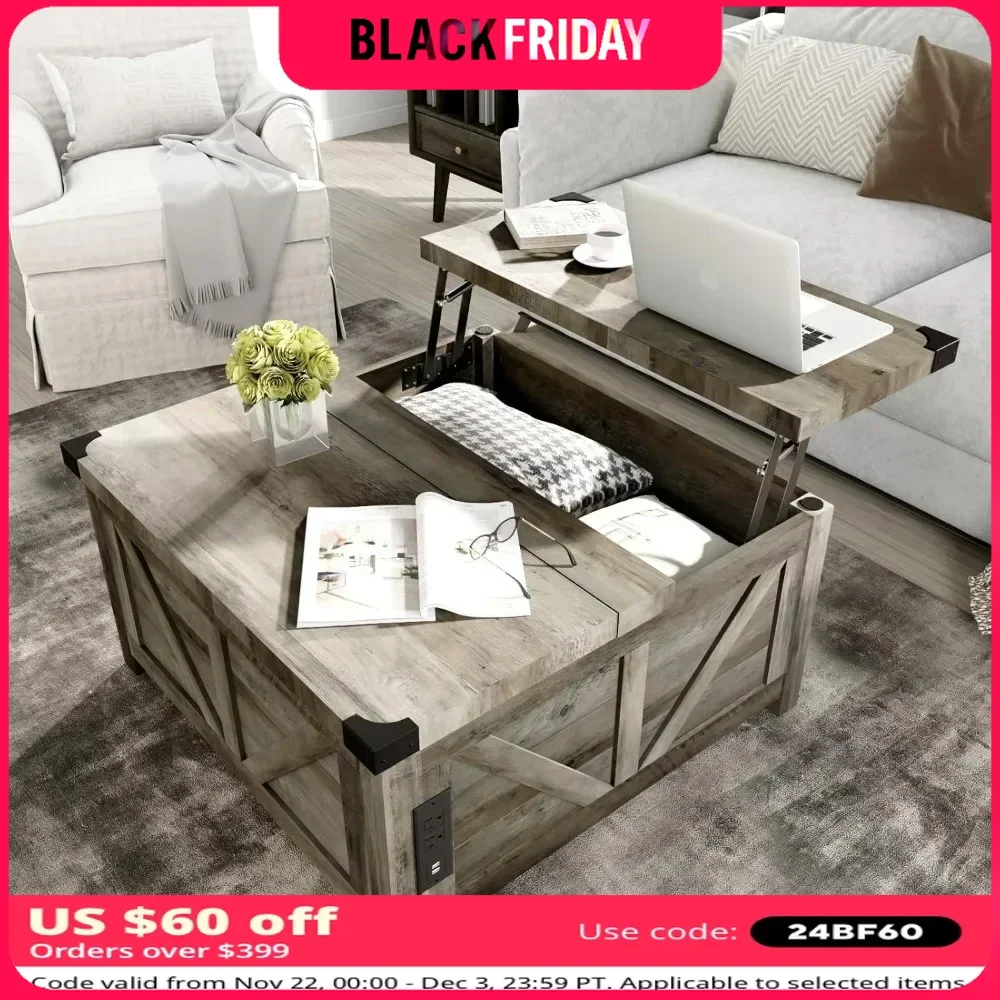 Coffee Table with Storage, Square Center Tables with Charging Stations Ports, Lift Top Central Table