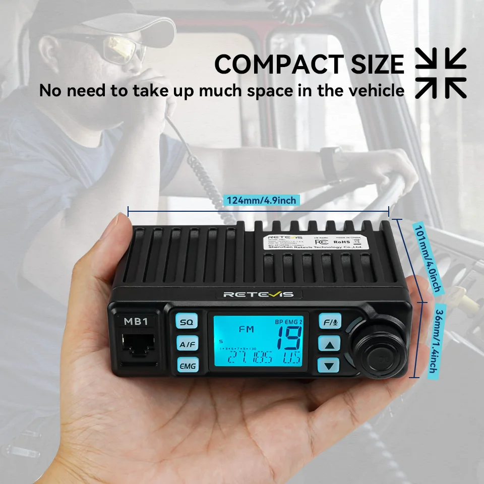 Retevis MB1 AM/FM Mini Mobile CB Radio 4W 26MHz 27MHz 40CH Mobile CB Transceiver for Car Trucker VOX Emergency Call License-free