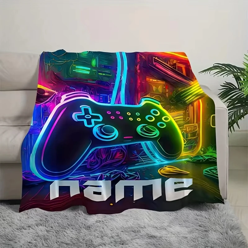 Gaming Accessories Name - ผ้าห่มเกมมิ่งแบบกำหนดเองพร้อมชื่อส่วนตัว ผ้าฟลานเนลเรืองแสงนีออน ใช้ได้ทุกฤดู สำหรับตกแต่งห้องนอน ห้องนั่งเล่น และห้องเกมเมอร์