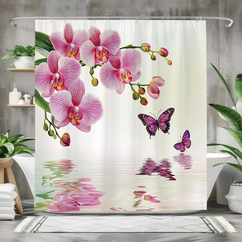 

Orchid and Butterfly Shower Curtain, Elegant Floral Bathroom Decor, Nature-Inspired Waterproof Fabric Curtain