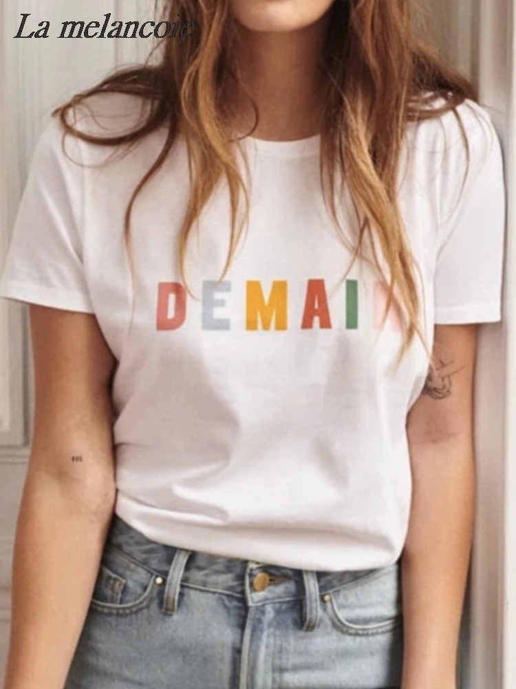 

Demain Print T-shirts For Women Summer 2024 New Round Neck Short Sleeve Cotton T-shirt Female Vintage Casual Fashion Tee Tops