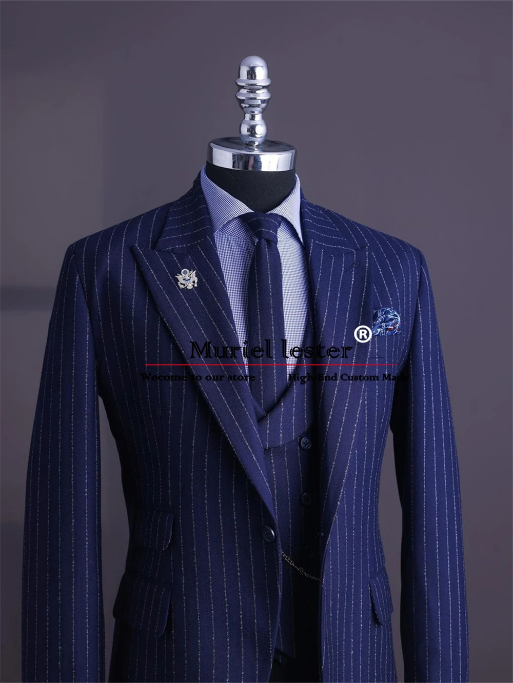 Classic Navy Blue Suit Men Business Office Peak Lapel Ivory Pencil Stripe Jacket Vest Pants 3 Pieces Formal Groom Wedding Tuxedo