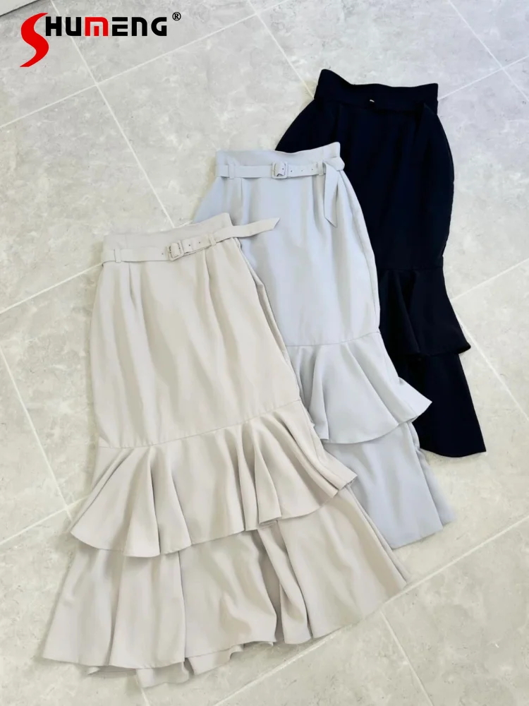 

Japanese Style Elegant Socialite High Waist Belt Slim Fit Ruffled Simple Commute Fishtail Long Sheath Skirt Women Summer 2024