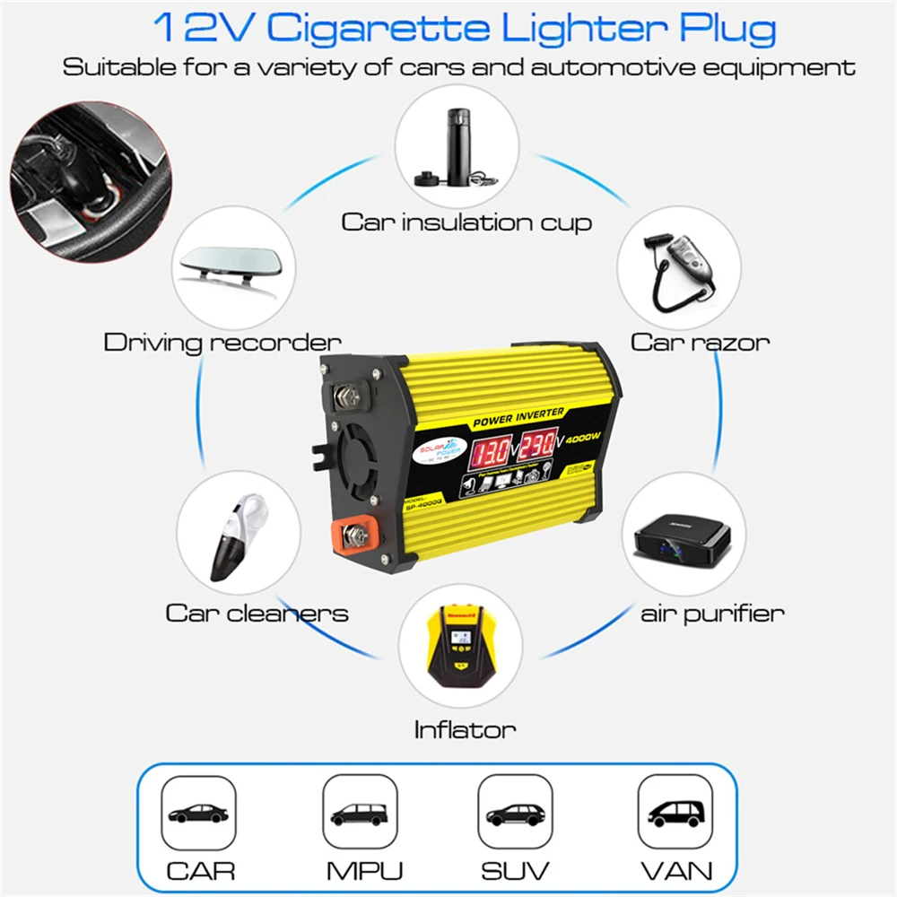 Inverter Car Power Inverters DC12Volt To AC110/220Volt Transformer 4000W Modified SineWave Inverter LED Display Auto Inverter