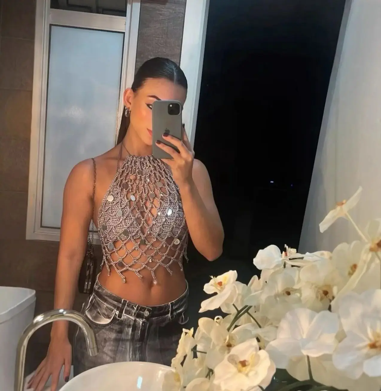 

Summer Beach Vacation Metal Sequined Body Chain Handmade Thin-Plate Sexy Necklace Nightclub Music Festival Layered Outfit