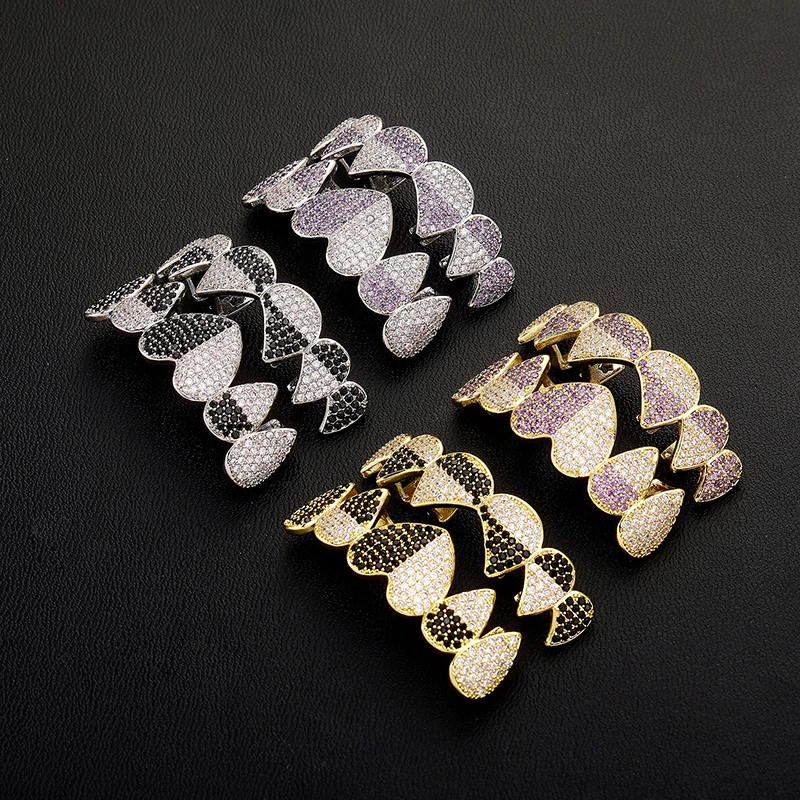 

Хип-хоп грилзы в форме сердца для мужчин, с камнями CZ, в стиле «айс-аут», рэперские украшения, зубные накладки в виде вампирских клыков, для косплея и вечеринок