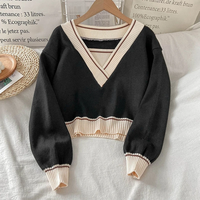 Women Faux 2Pcs Long Sleeve Sweater Colorblock Striped Rib Trim V-Neck Sweater Dropship