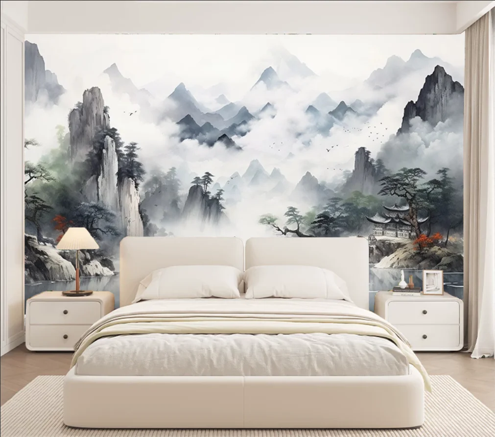 Customized murals, rain and fog imagery, landscape wallpaper, home decoration Chinese ink painting, fairyland mountain wallpaper