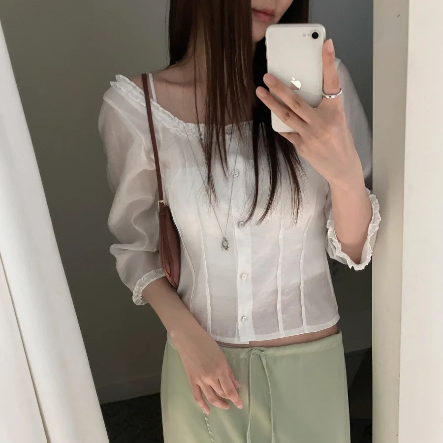

Elegant Spring Shirt Square Collar Single Button Leaf Korean Style Women's Fashion Inner Wear Regular Fit All Seasons