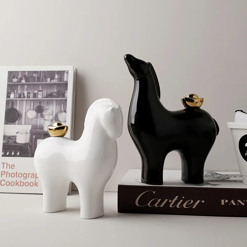 

Black and White Pony Ceramic Statue, Decorative Desktop Art Accessories for Living Room and Foyer, Used As Home Gifts