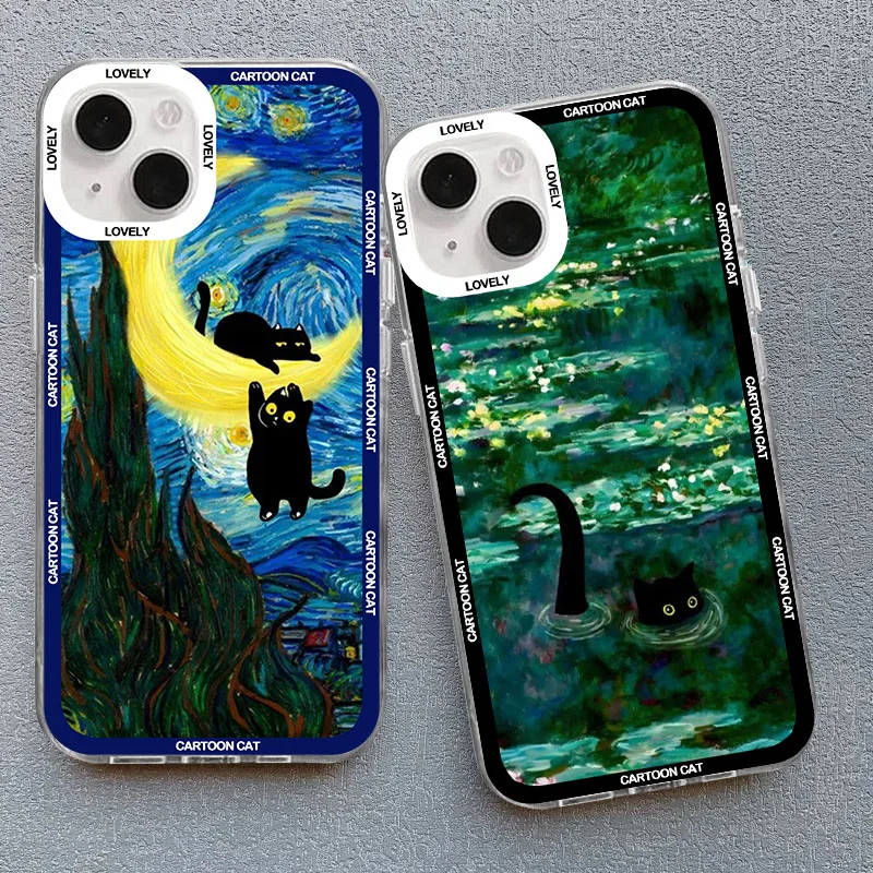 Retro Art Van Gogh Black Cat Phone Case For iPhone15 Pro 14 11 13 12 XS MAX X SE XR 7 8Plus Monet Oil Painting Clear Soft Cover